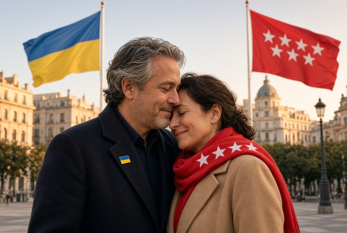 Dos personas frente a las banderas de Ucrania y de la Comunidad de Madrid